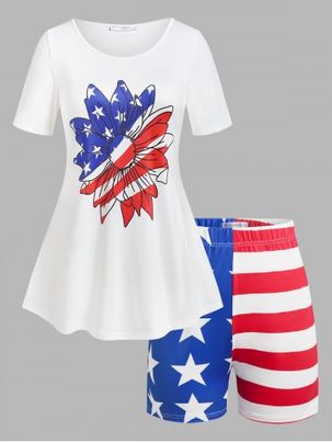 Plus Size American Flag Print Patriotic Two Piece Shorts Set