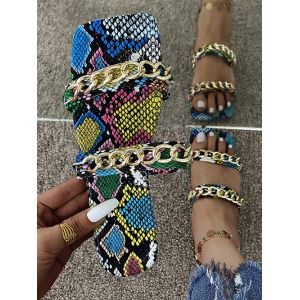 

Snakeskin Print Strappy Chain Sandals, Blue