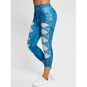 

Rose 3D Print Crop Jeggings, Blue