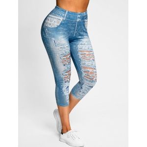 

Floral 3D Jean Print Cropped Jeggings, Light blue