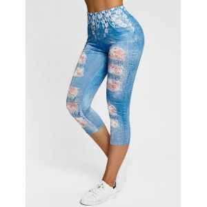 

Flower 3D Ripped Print Crop Jeggings, Light blue