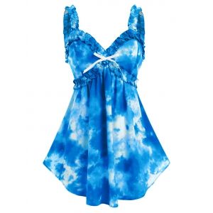 

Plus Size Tie Dye Bowknot Frilled Backless Tank Top, Blue