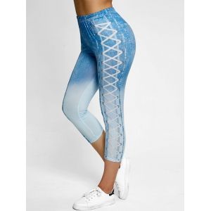 

3D Lace-up Print Ombre Crop Jeggings, Blue