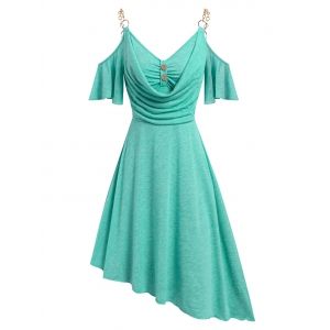 

Chain Strap Open Shoulder Asymmetric Dress, Light green