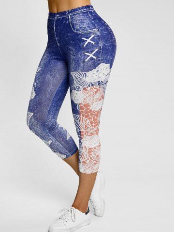 Legging Court à Imprimé 3D Fleur  - BLUE - XXXL