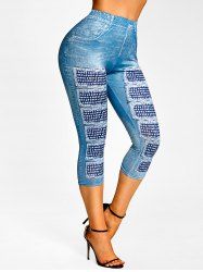 Legging Court à Imprimé 3D Jean à Coupe Haute - Bleu clair L