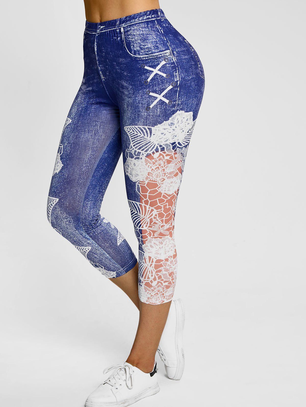 Legging Court à Imprimé 3D Fleur Bleu XXXL