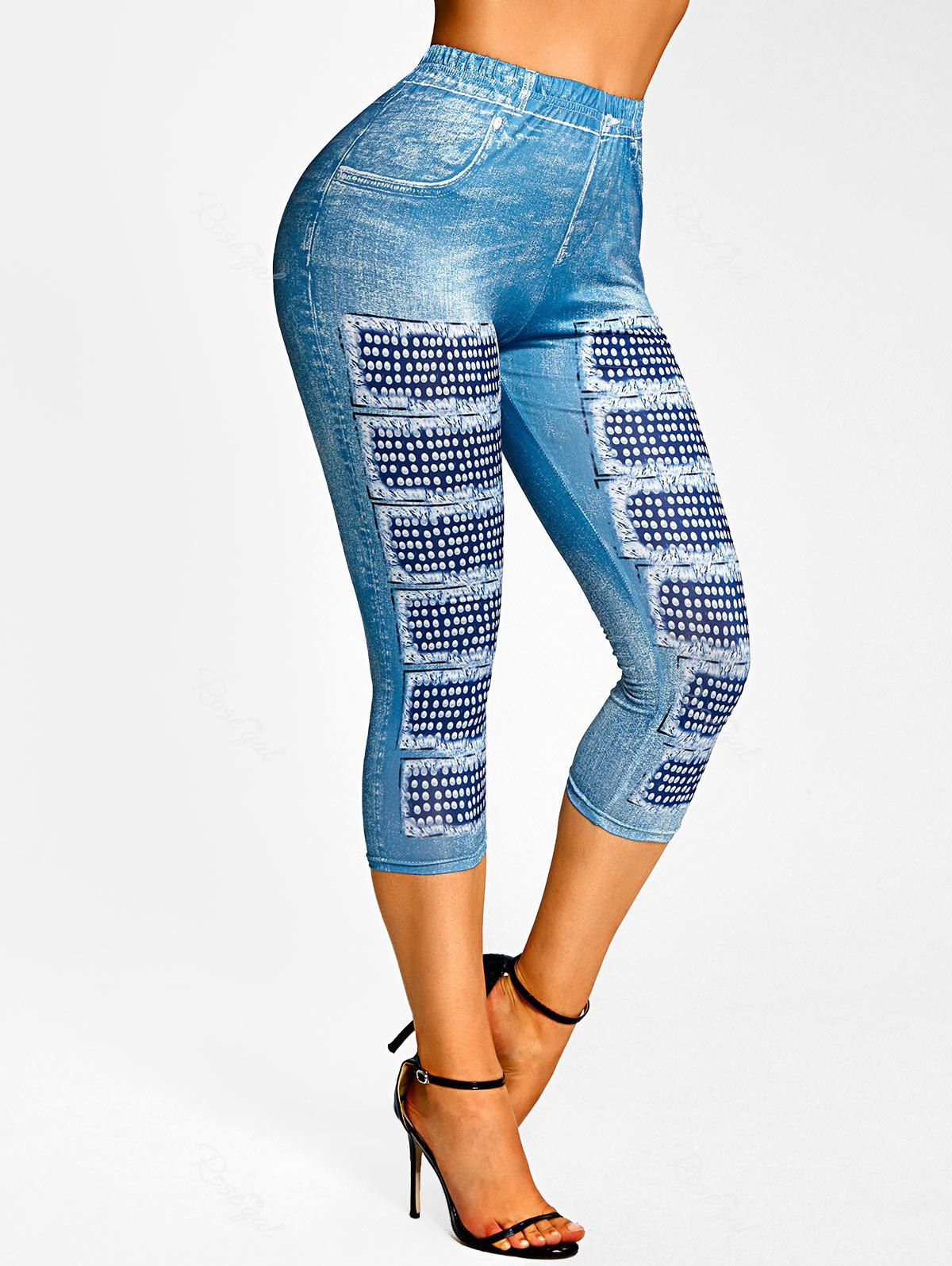 Legging Court à Imprimé 3D Jean à Coupe Haute Bleu clair L
