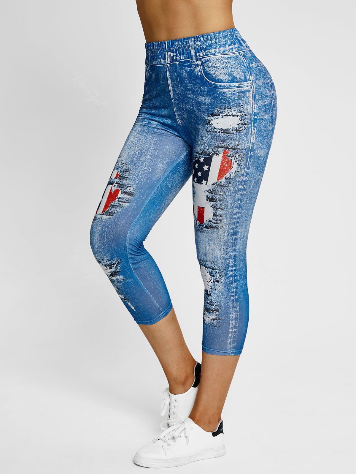 Sale 3D Patriotic American Flag Print Crop Jeggings  