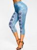 Legging Court à Imprimé 3D Jean à Coupe Haute - Bleu clair L