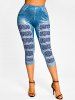 Legging Court à Imprimé 3D Jean à Coupe Haute - Bleu clair L