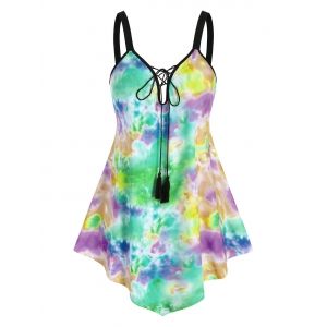 

Plus Size Tassel Tie Dye Lace Up Tank Top, Green