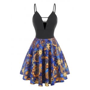 

Ladder Cut Sun Star Print Skater Dress, Black