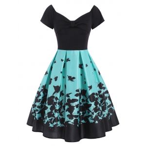 

High Waisted Bowknot Butterfly Print Dress, Green