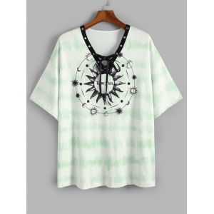 

Plus Size Lace-up Tie Dye Sun Star Moon Graphic Longline Tee, Light green