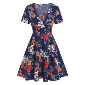 

Flower Print Plunging Neck Surplice Dress, Deep blue