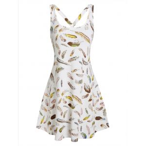 

Sleeveless Feather Print O-ring Dress, White