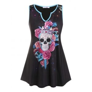 

Plus Size Skull Flower Print V Notch Lace Panel Tank Top, Black