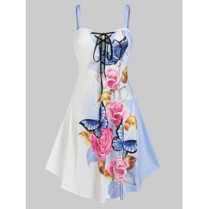 

Plus Size Lace Up Floral Butterfly Print Sundress, White