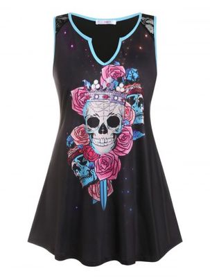Plus Size Gothic Skull Flower Print V Notch Lace Panel Tank Top