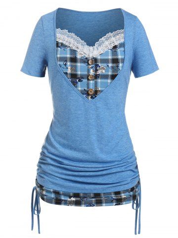 Plus Size & Curve Cinched Plaid 2 in 1 Tee - BLUE - L