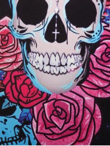 Plus Size Gothic Skull Flower Print V Notch Lace Panel Tank Top