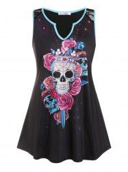 Plus Size Gothic Skull Flower Print V Notch Lace Panel Tank Top -  