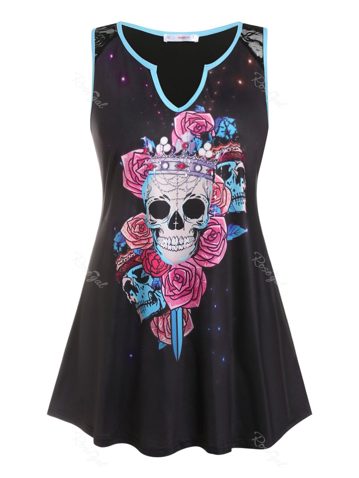 Hot Plus Size Gothic Skull Flower Print V Notch Lace Panel Tank Top  
