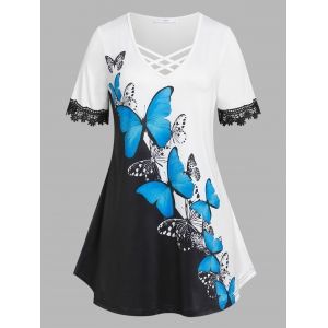 

Plus Size Butterfly Floral Applique Panel Lattice Tunic Tee, Multi