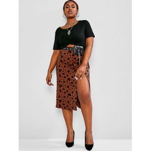 Plus Size Cropped Tee Leopard Print Two-Piece Skirt Set