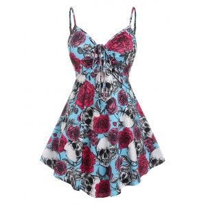 

Plus Size Gothic Cinched Skull Rose Print Tank Top, Multi