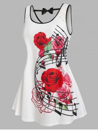 Plus Size Rose Musical Notes Lace Panel Bowknot Tank Top