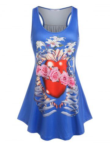 Plus Size Skull Heart Printed Racerback Tank Top - BLUE - L