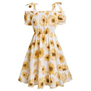 

Cold Shoulder Self Tie Sunflower Print Dress, White