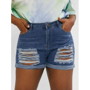 

Plus Size Cuffed Ripped Denim Shorts, Deep blue