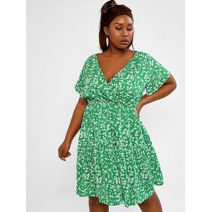 

Plus Size Floral A Line Surplice Dress, Green