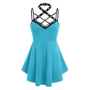 

Plus Size Gothic Grommets Crisscross Tank Top, Light blue