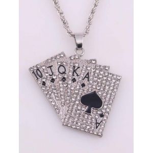 

Rhinestones Playing Cards Hip Hop Charm Necklace, Silver