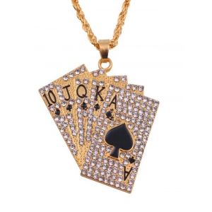 

Rhinestones Playing Cards Hip Hop Charm Necklace, Golden