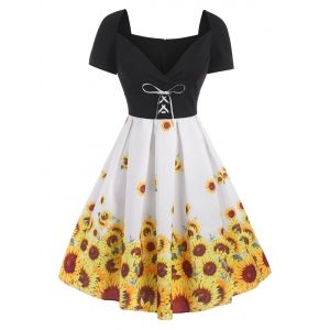 

Sunflower Watermelon Print Lace Up Sweetheart Dress, White