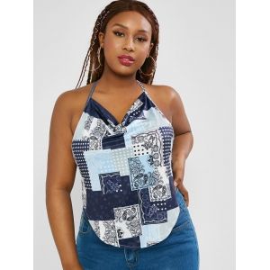 

Plus Size Halter Patchwork Paisley Print Cowl Neck Bandana Top, Deep blue