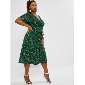 

Plus Size Polka Dot Belted Butterfly Sleeve Midi Dress, Deep green