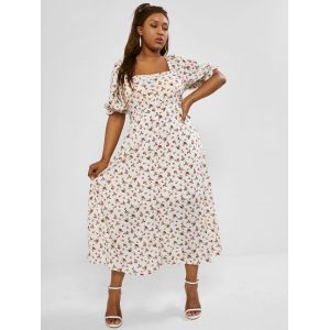 

Plus Size Floral Smocked Back Split Hem Nap Dress, White