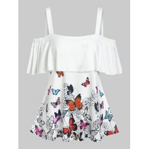 

Cold Shoulder Ruffled Butterfly Print Tee, White