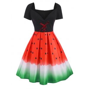 

Sunflower Watermelon Print Lace Up Sweetheart Dress, Multi