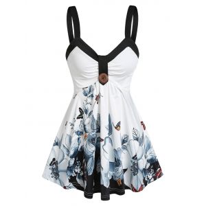 

Butterfly Flower Print Empire Waist Tank Top, White