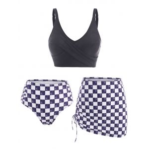 

Crisscross Checkered Ruched Cinched Three Piece Tankini Swimwear, Black