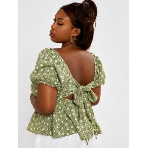 

Plus Size Plaid Floral Puff Sleeve Blouse, Green