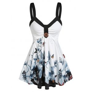 Butterfly Flower Print Empire Waist Tank Top, White