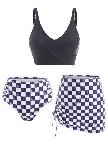 Crisscross Checkered Ruched Cinched Three Piece Tankini Swimwear - BLACK - S